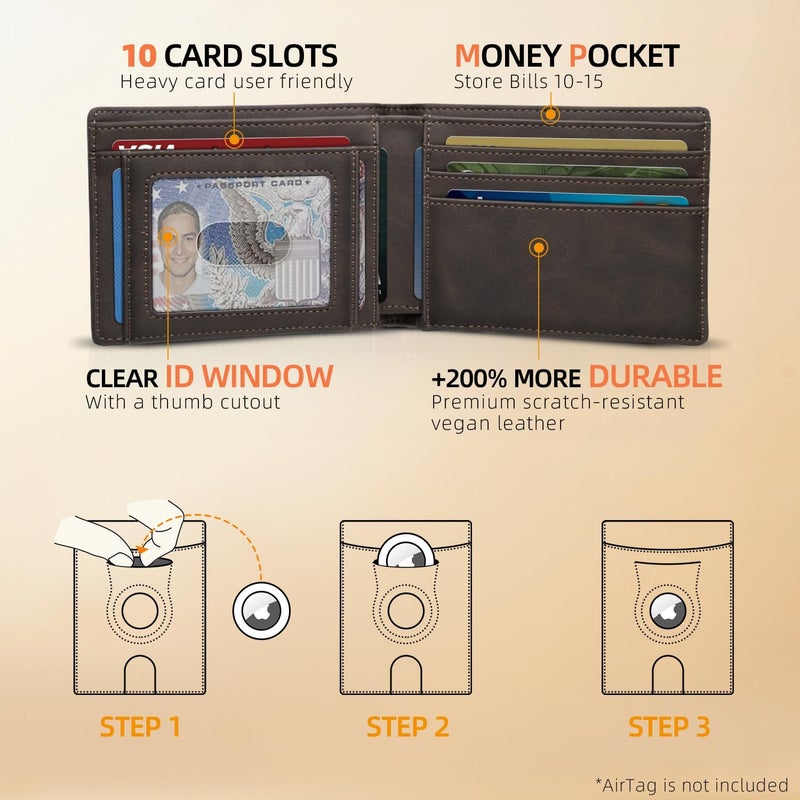 RUNBOX AirTag-Wallet-Mens-Slim-RFID Blocking Wallets Leather with Bill Compartment Air Tag Bifold Card Holder Wallet Gifts for Men Dad - Image 2